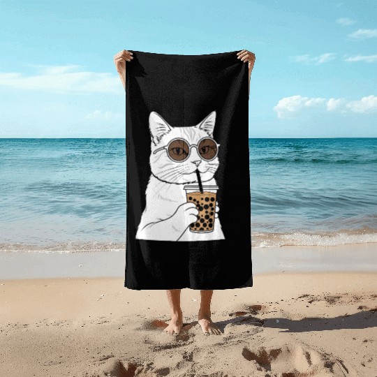 Cool Cat with Bubble Tea and Sunglasses Beach Towels