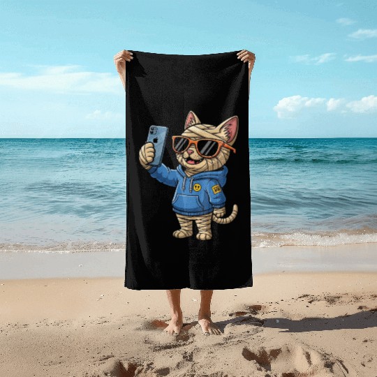 Cool Cartoon Cat Mummy Taking a Selfie Beach Towels