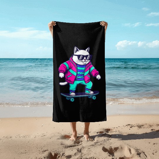 Skater Cat 80s Style Beach Towels