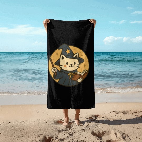 Whimsical Cat Wizard in Starry Night Beach Towels