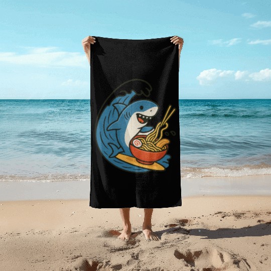 Playful Shark Enjoying Ramen Beach Towels