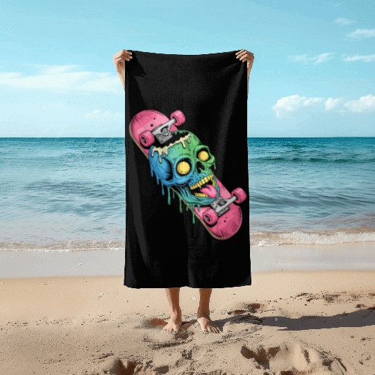 Neon Dripping Skull Skateboard Art Beach Towels
