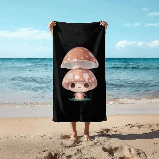 Cute Mushroom Character Illustration Beach Towels