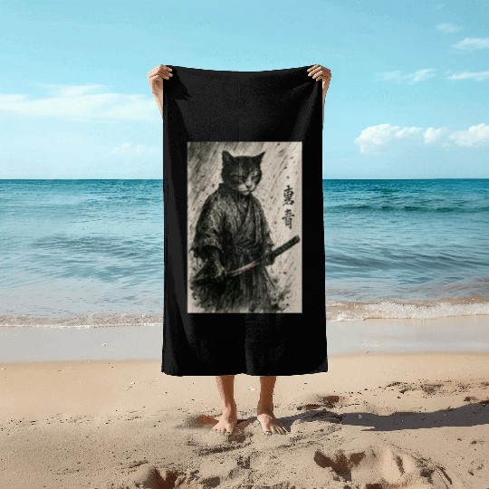 Samurai Cat Warrior Vintage Japanese Art Design Beach Towels