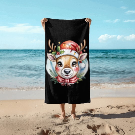 Cute Rudolph Reindeer Watercolor Christmas Art Beach Towels