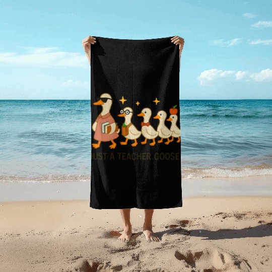 Whimsical Teacher Goose with Ducklings Beach Towels