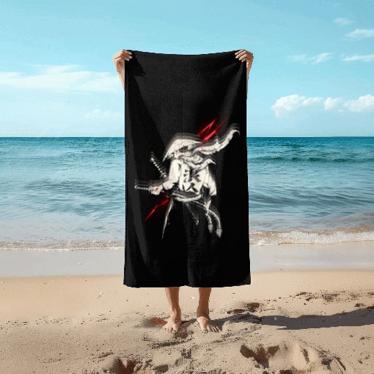 Futuristic Samurai Warrior Illustration Beach Towels