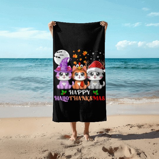 Happy HalloThanksMas Cute Cats Lover Beach Towels