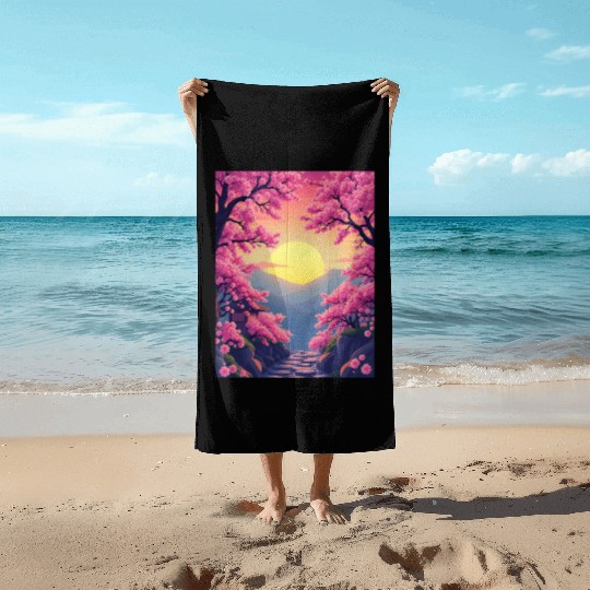 Cherry Blossom Sunset Path Beach Towels