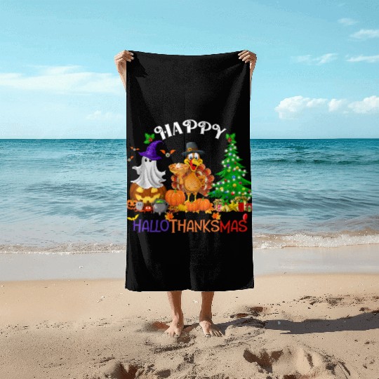 Retro Happy HalloThanksMas  Beach Towels