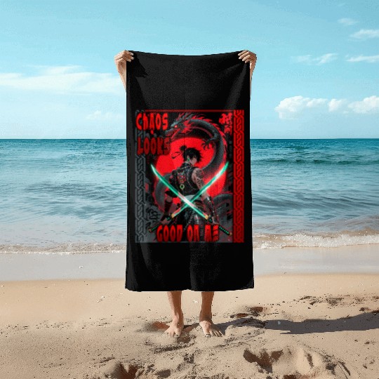 Cyberpunk Samurai with Dragon Beach Towels