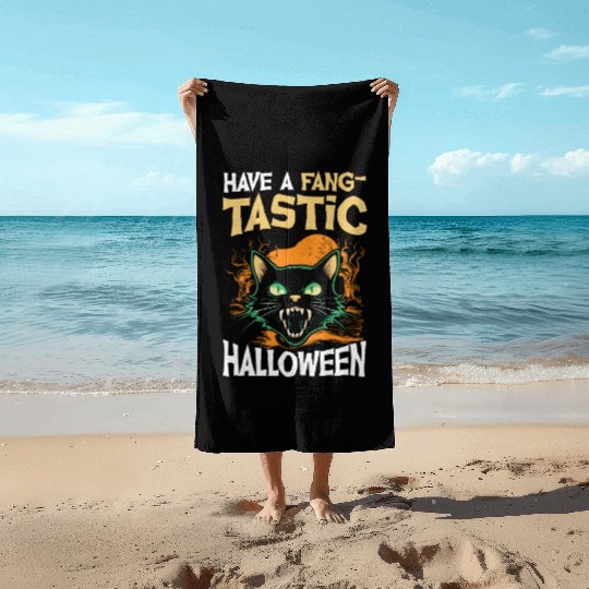 Have A Fangtastic Halloween Black Cat Spooky Night Beach Towels