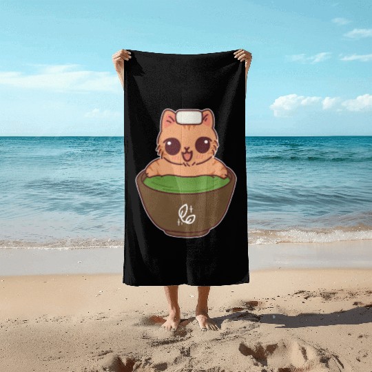 Kawaii Cat in Matcha Onsen Beach Towels