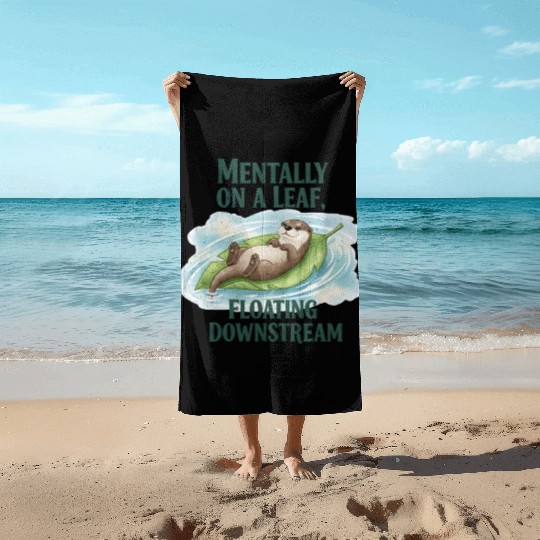 Relaxed Otter on Leaf with Water Ripple Beach Towels