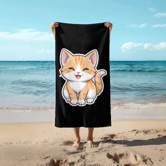 Playful Orange Tabby Cat Illustration Beach Towels