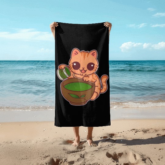 Kawaii Cat Barista Making Matcha Tea Beach Towels
