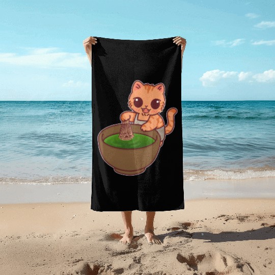 Kawaii Cat Matcha Barista Whisking Tea Beach Towels