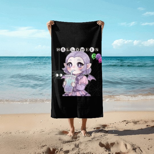 Cute Vampire Bat Halloween Girl Design Beach Towels