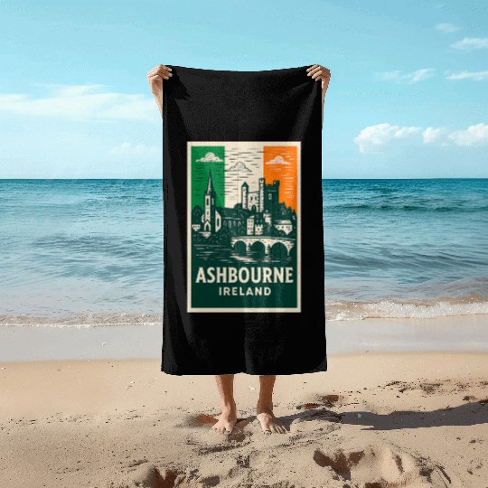 Irish Villagescape with Castle and Church Beach Towels