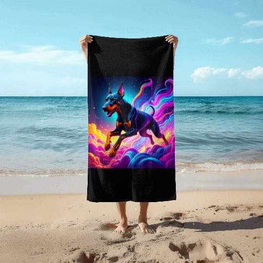 Neon Doberman Illustration Beach Towels