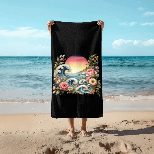 Elegant Wave and Floral Sunset Scene - GOD IS GOOD Beach Towels