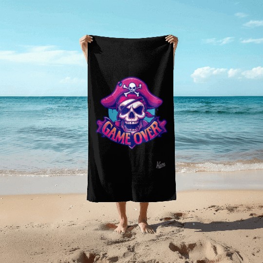 Pirate Skull with Eye Patch and Game Over Banner Beach Towels