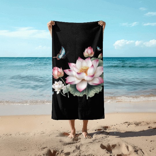Light Pink Lotus and Butterflies  Beach Towels