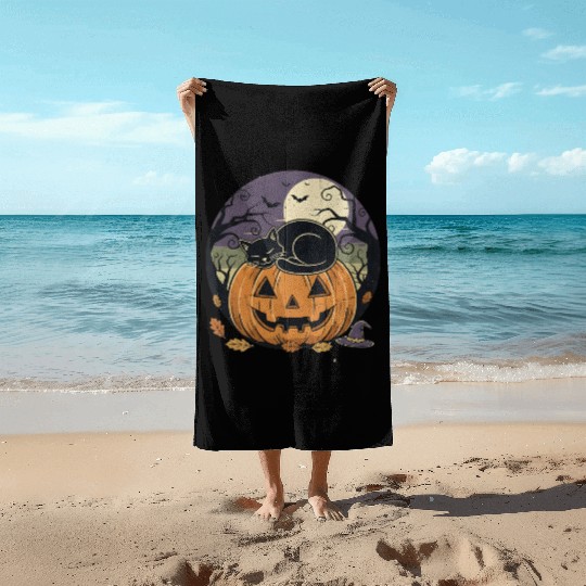 Spooky Cat Nap Pumpkin | Halloween Party Design Beach Towels