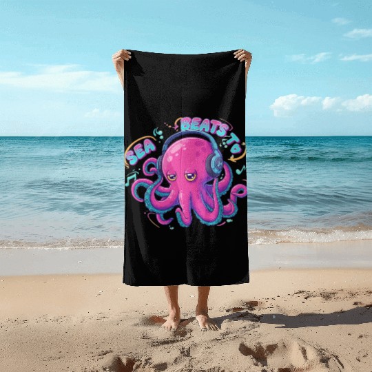 Music Loving Octopus in Vibrant Neon Style Beach Towels