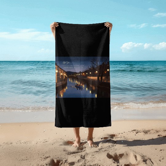 Serene Night Riverside Boat Scene Beach Towels