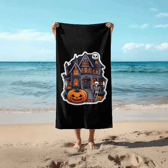 Haunted House Halloween Design Beach Towels