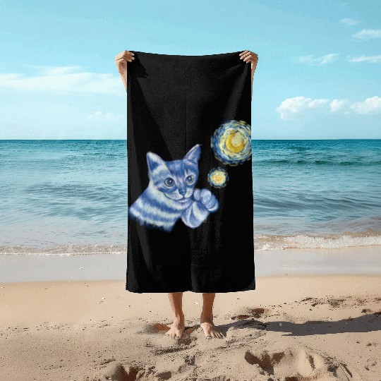 Blue Starry Night British Shorthair Cat Graphic Beach Towels