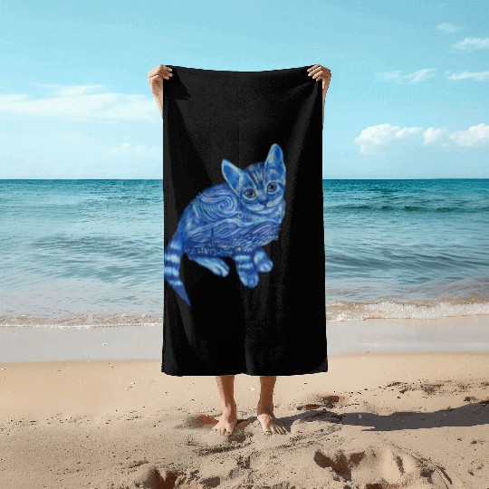 Blue Van Gogh Starry Night Bengal Cat Illustration Beach Towels