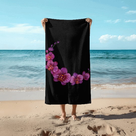 Violet Moon Orchid Flower branch illustration Beach Towels