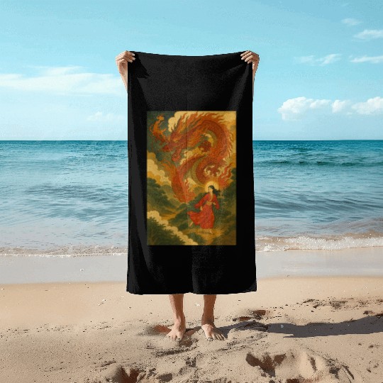 Majestic Dragon and Warrior Scene Beach Towels