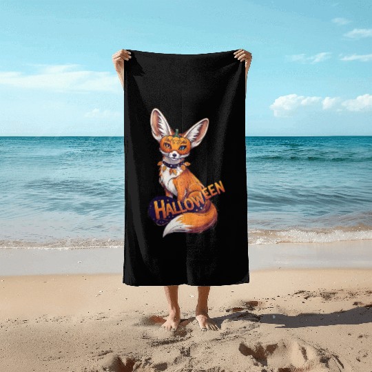 Enchanted Fox with Jack-o-Lantern Mask Beach Towels