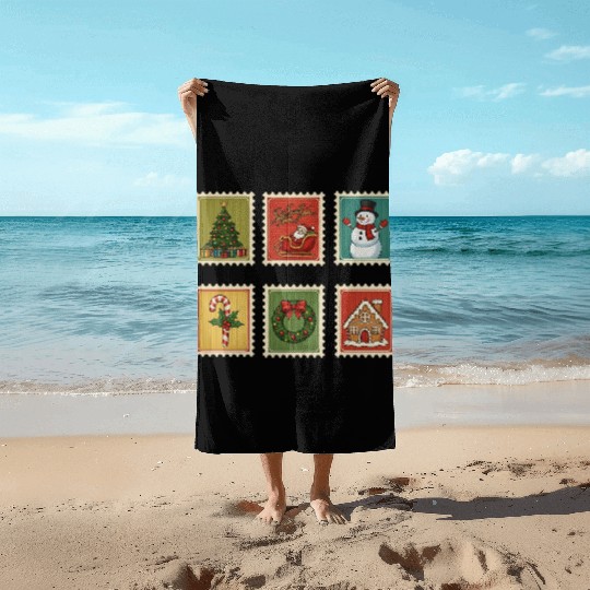 Vintage Christmas Stamps Design Beach Towels
