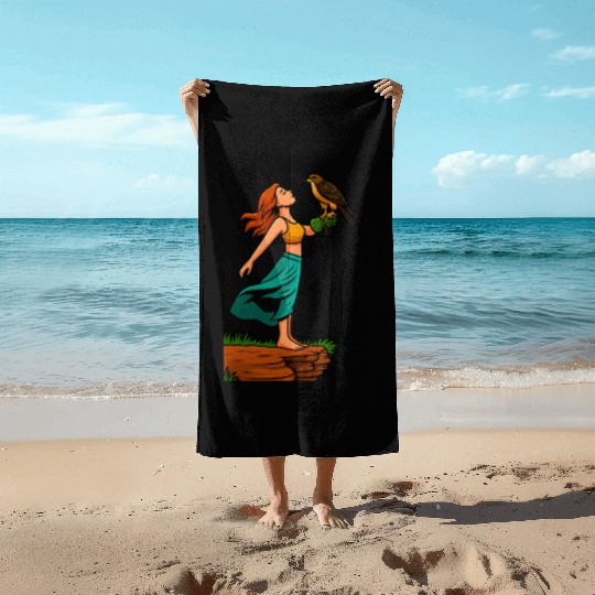 Woman with Hawk on Arm in Nature Scene Beach Towels