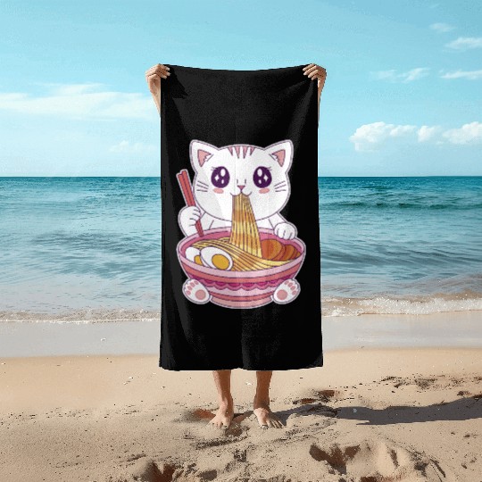 Cute Kawaii Cat Eating Ramen  Beach Towels