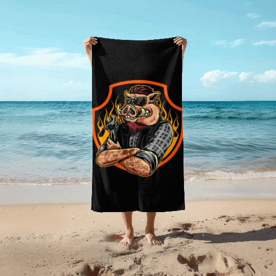 Pig Biker with Flames and Sunglasses Service Beach Towels
