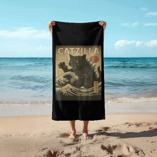Ukiyo-e Catzilla Retro Japanese Monster Cat Beach Towels