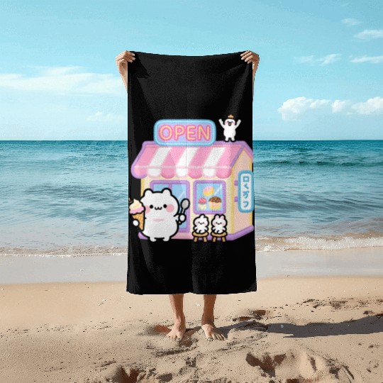 Kawaii Cat Ice Cream Shop Illustration Beach Towels