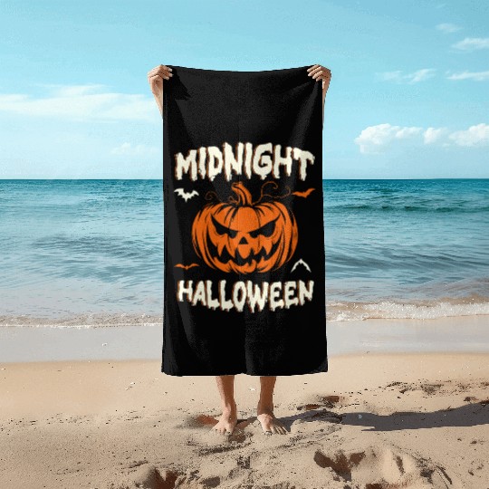 Midnight Halloween Pumpkin Scary Jack-O-Lantern Beach Towels