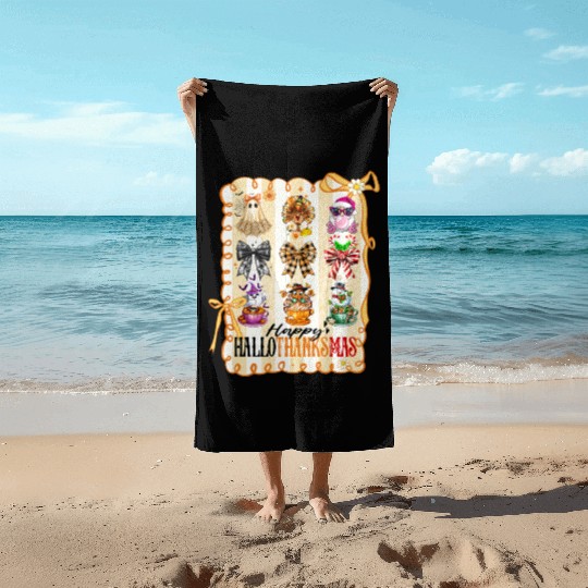 Thanksgiving Christmas Happy Hallothanksmas Beach Towels