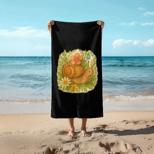 Whimsical Snail and Floral Garden Art Beach Towels