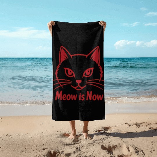 Elegant Cat Face with Bold Red Lines - Meow Is Now Beach Towels