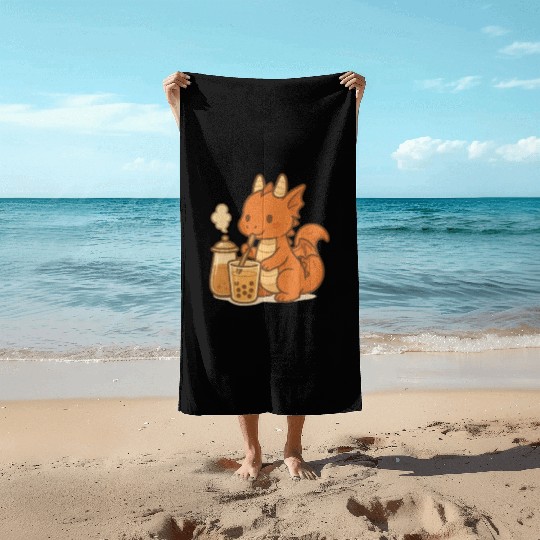 Cute Dragon with Bubble Tea Design Beach Towels