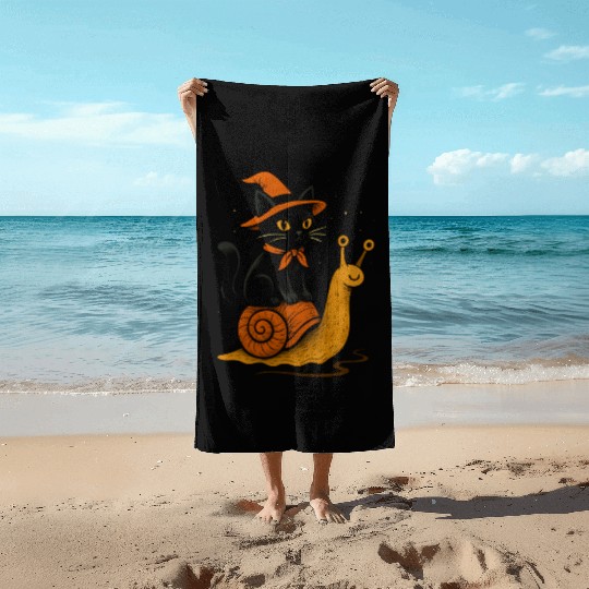 Halloween Cat with Snail and Wizard Hat Beach Towels