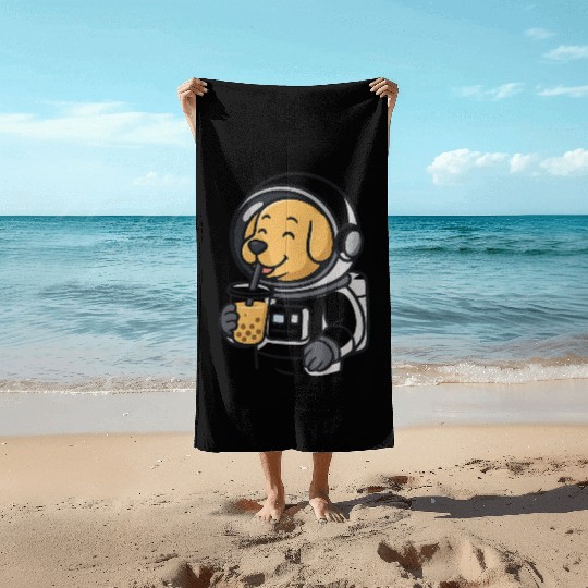 Cute Dog Astronaut Drinking Bubble Tea Beach Towels