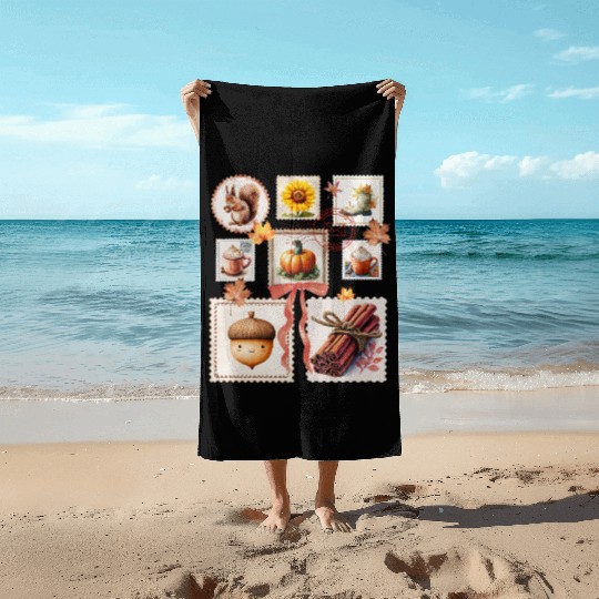 Watercolor Autumn Postage Stamps Fall Vibes Autumn Beach Towels
